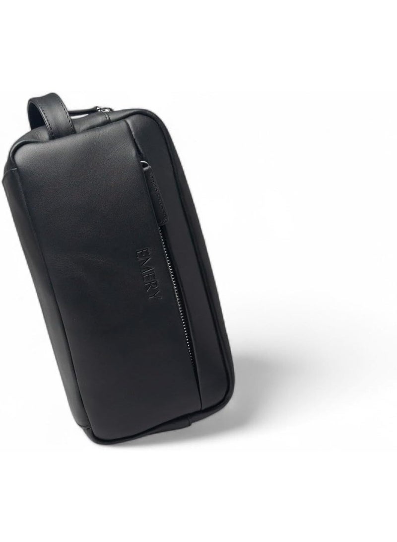 Emery Toiletry Travel Kit Box, Premium Full-Grain Leather with Canvas Lining, Mandarin/Black, 10L x 4.5W x 5H Inches (Black) - Image 1